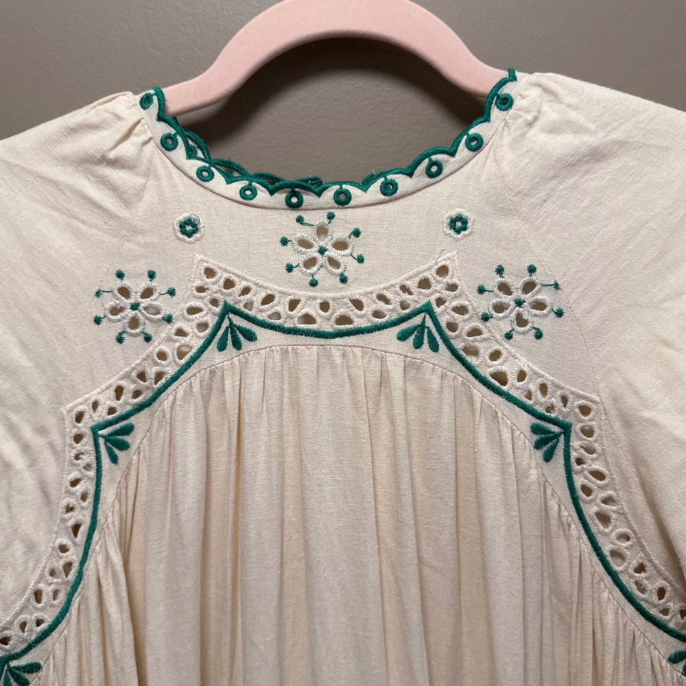 Girls 16 Cream Linen Blend Eyelet Embroidered Maxi Dress Green Floral Boho